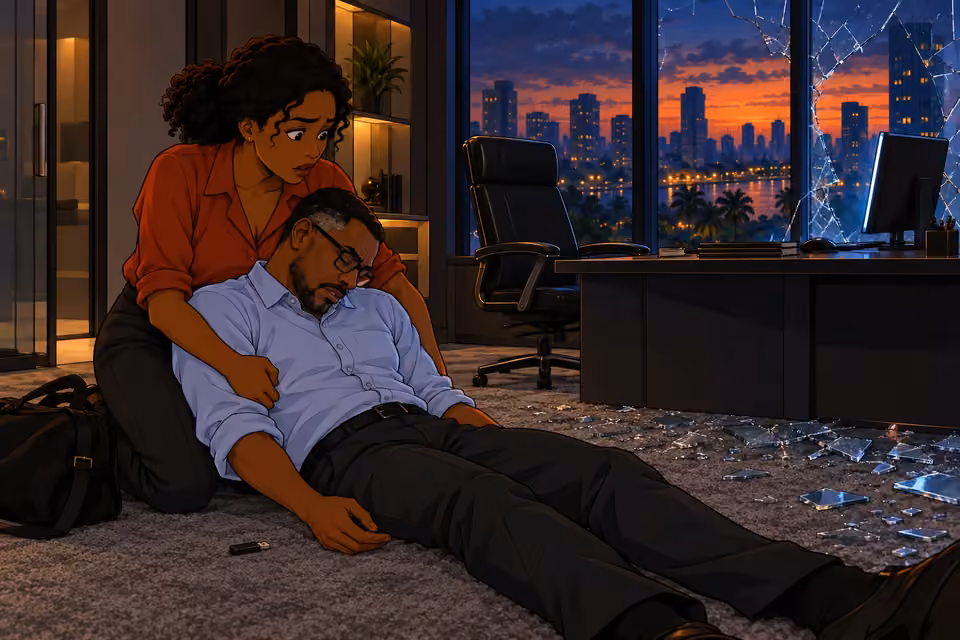 Felix goes limp in Kemi's arms on the office floor.