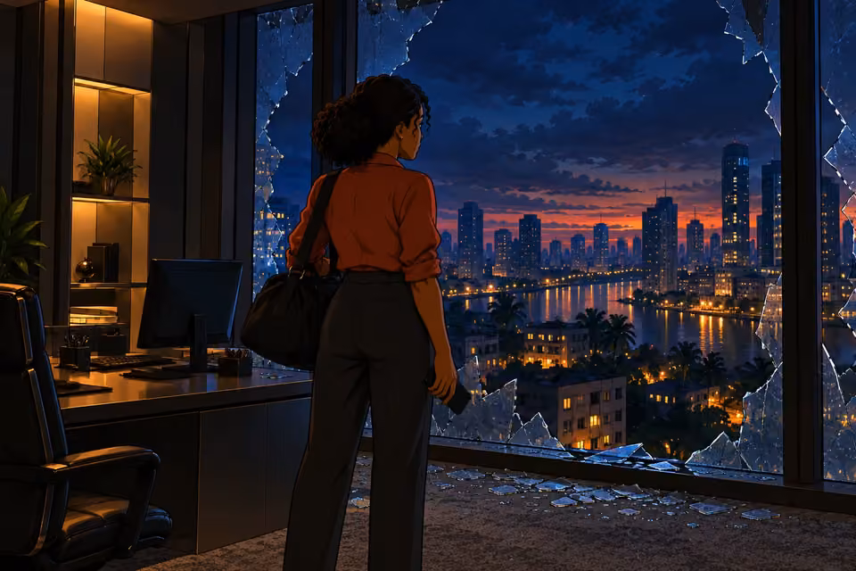 Kemi stands before the broken office window and stares into the dark.