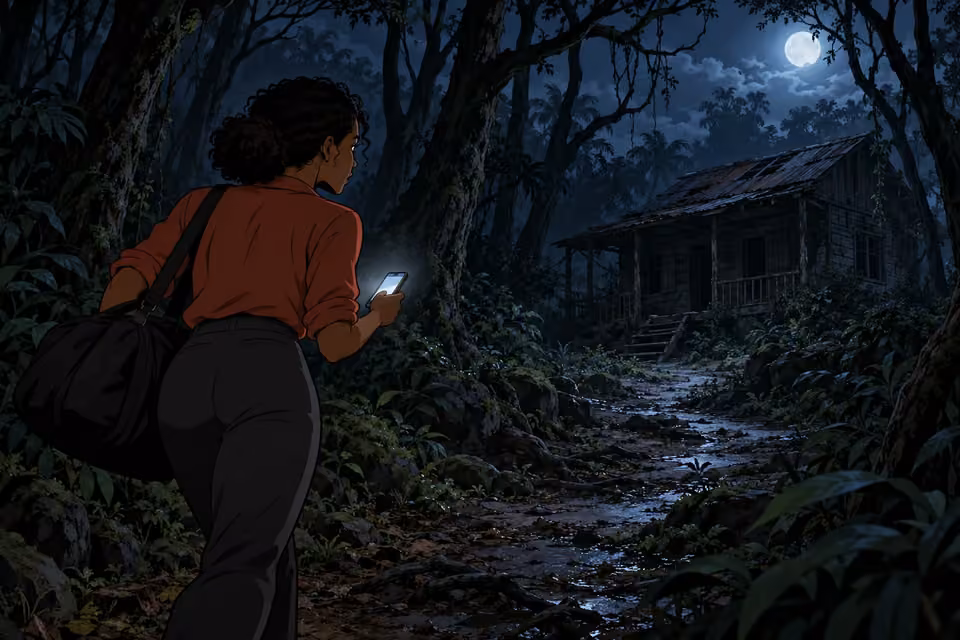 Kemi follows her phone toward an abandoned cabin in a moonlit forest.
