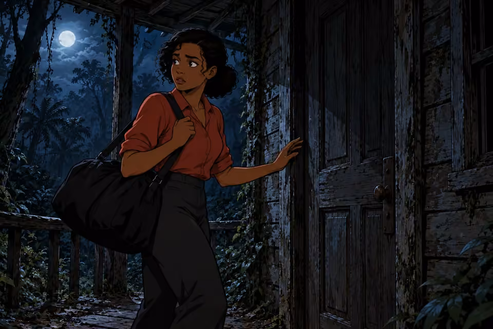 Kemi hesitates at the cabin door, haunted by Felix's warning.