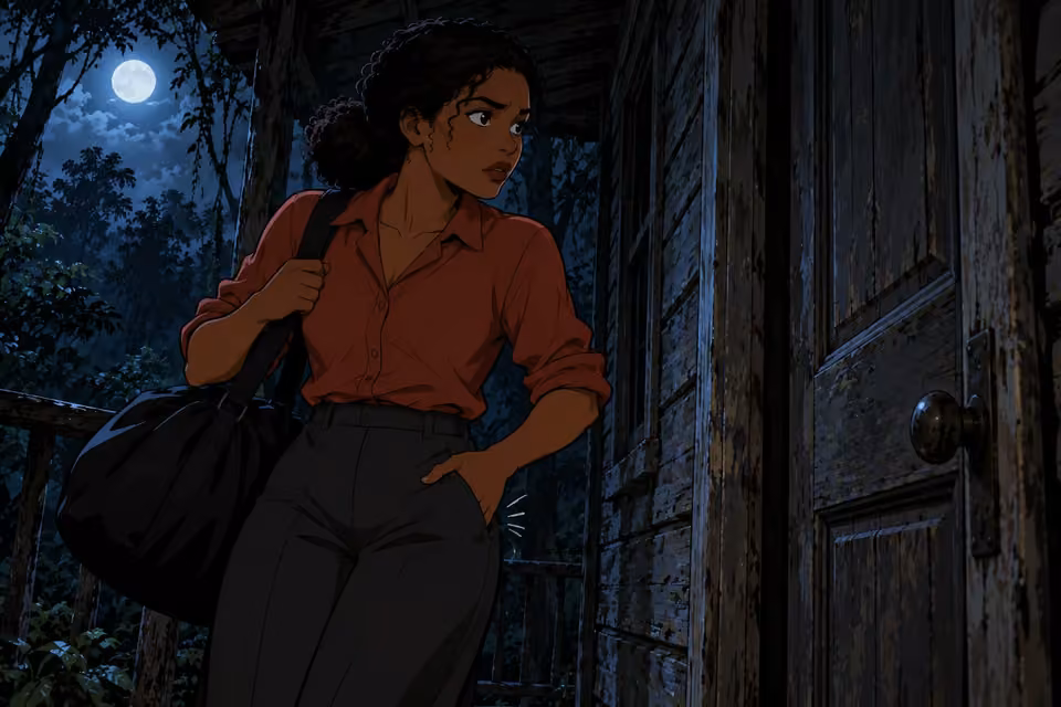Kemi pauses at the cabin as the phone vibrates in her pocket.