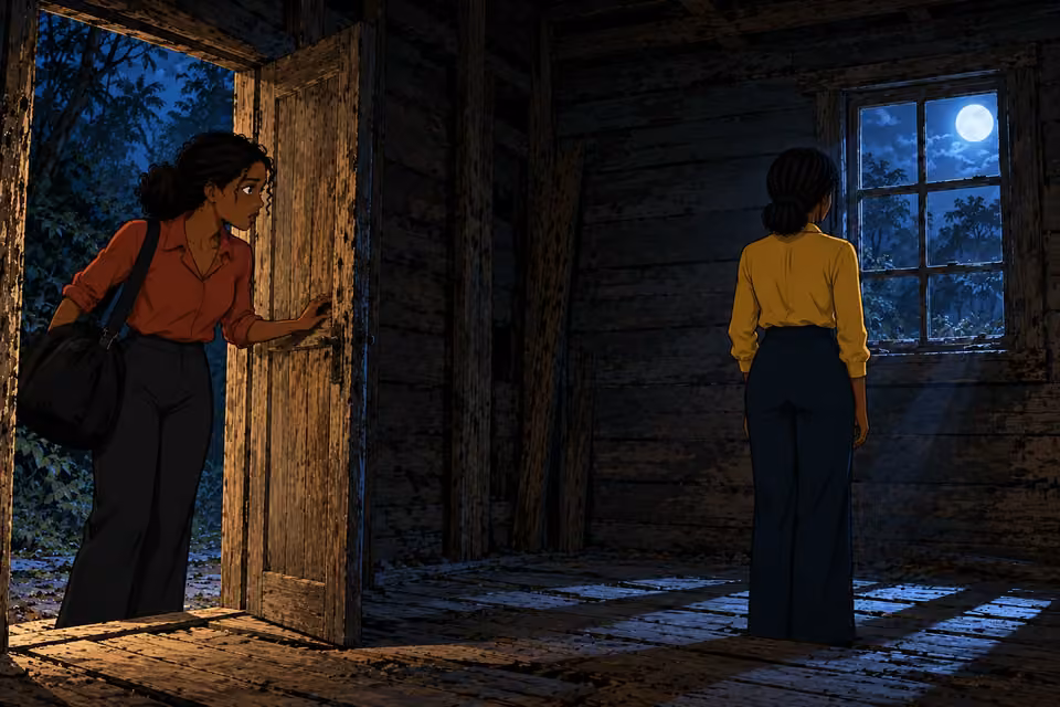 Kemi enters the cabin and finds a woman standing with her back to the door.