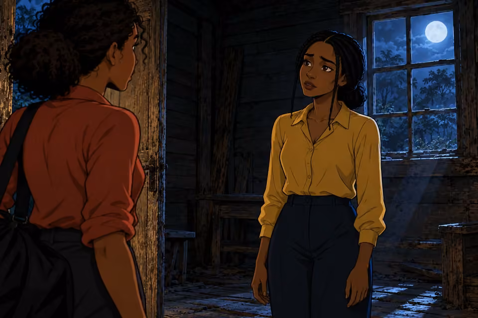 Bimpe softly greets Kemi in the moonlit cabin.