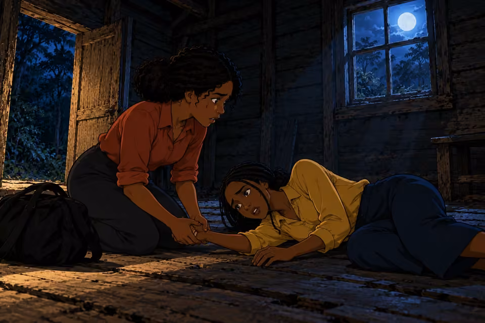 Kemi kneels beside the fallen Bimpe and grabs her hand.