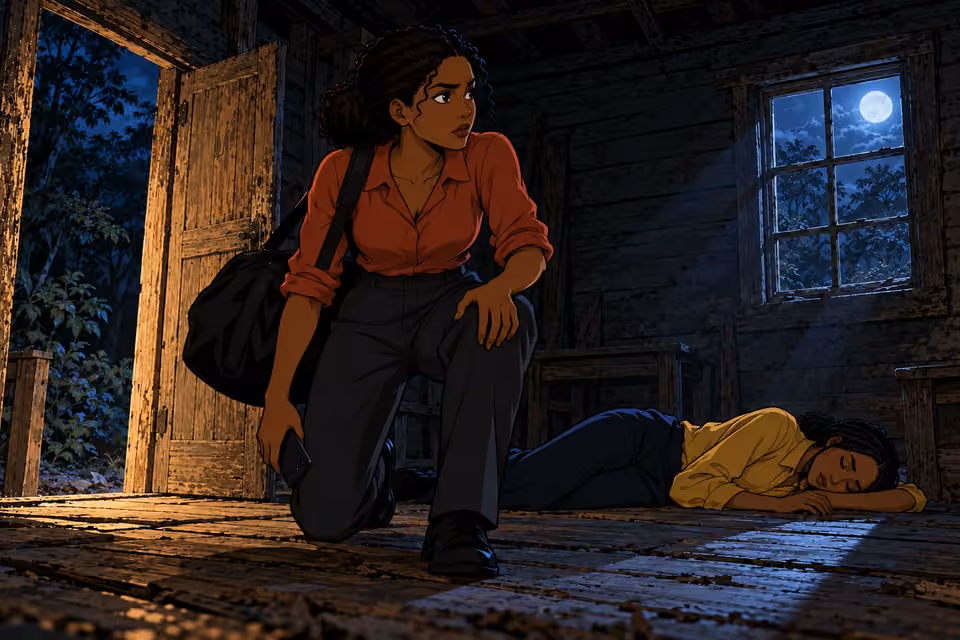 Kemi rises from the floor, determined to stop Akin.
