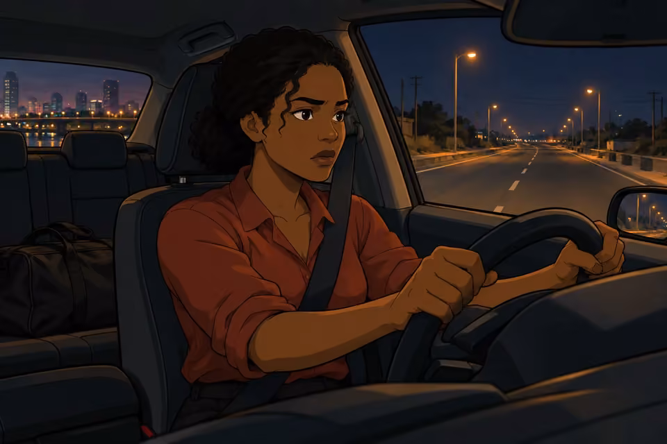 Kemi grips the steering wheel as she drives through empty night streets.