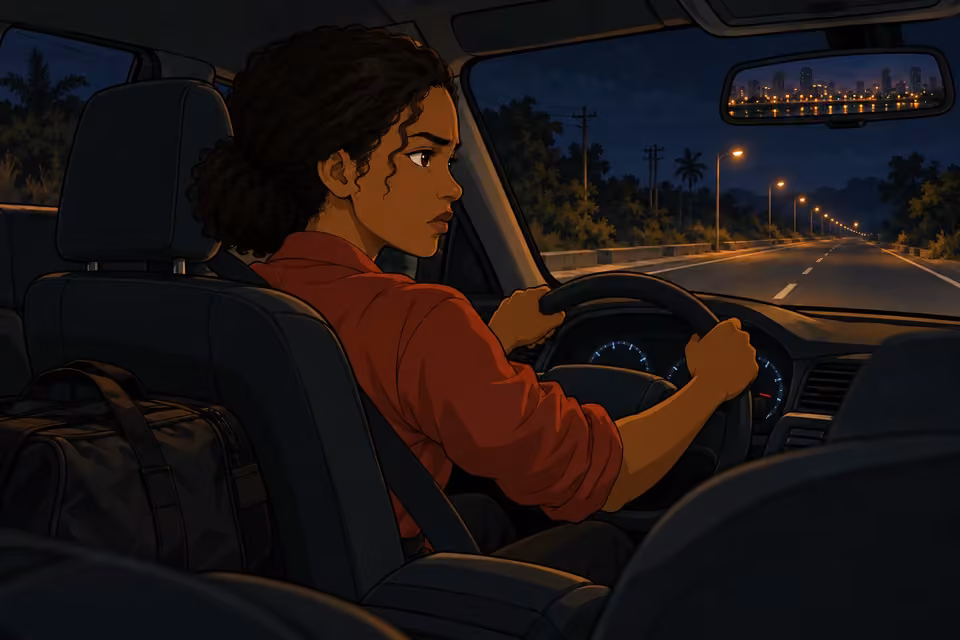 Kemi drives toward the outskirts as the city lights recede in her mirror.