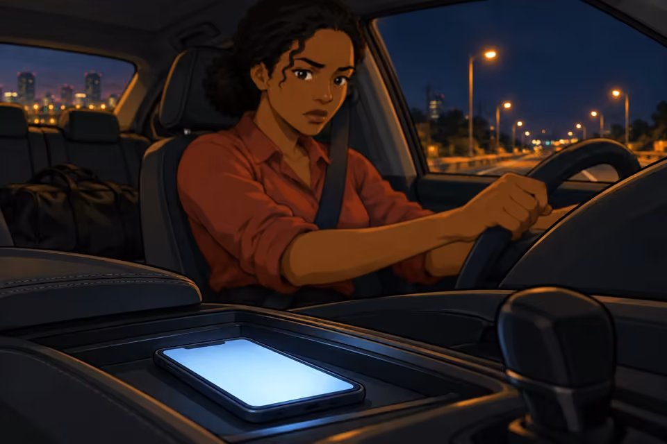 Kemi's phone lights up with a new message as she drives.