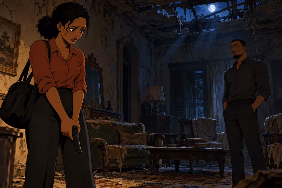 Kemi hesitates with a lowered handgun while Akin calmly confronts her in the ruined house.