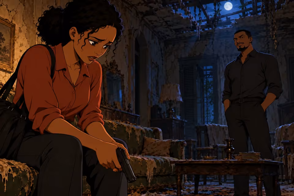 Kemi looks down at the gun while Akin watches calmly.