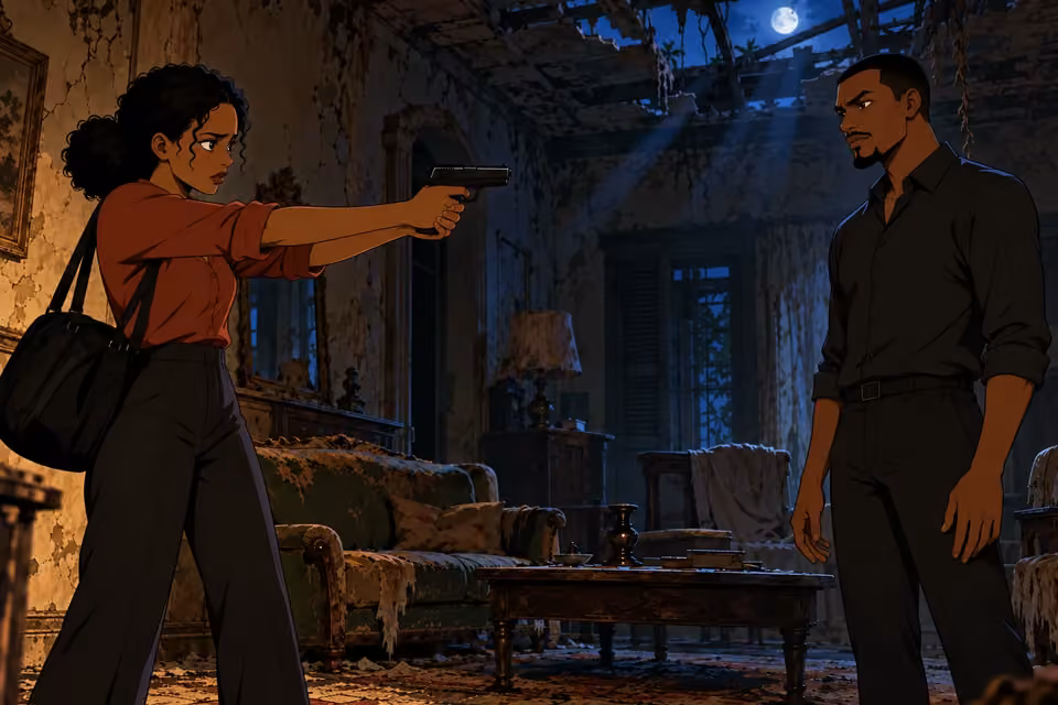 Kemi raises the gun and holds it steadily toward Akin.