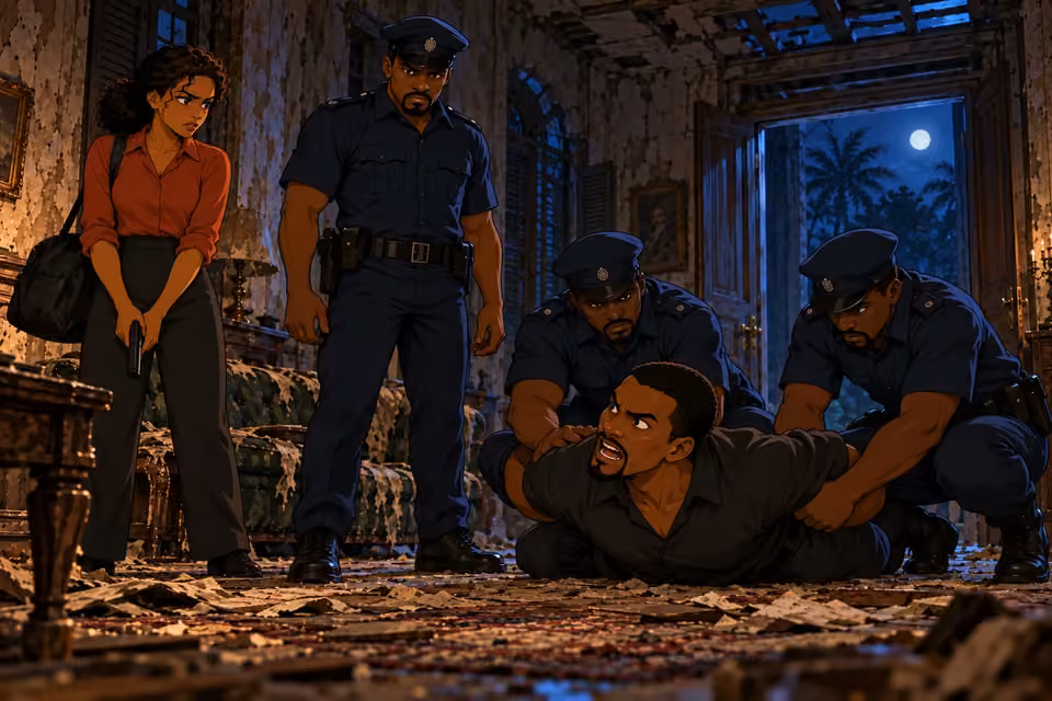 Officers restrain Akin as he angrily accuses Kemi.