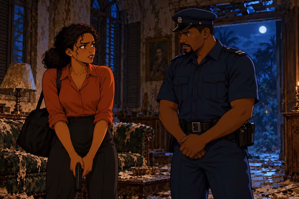 Kemi lowers the gun and turns to the officer beside her.