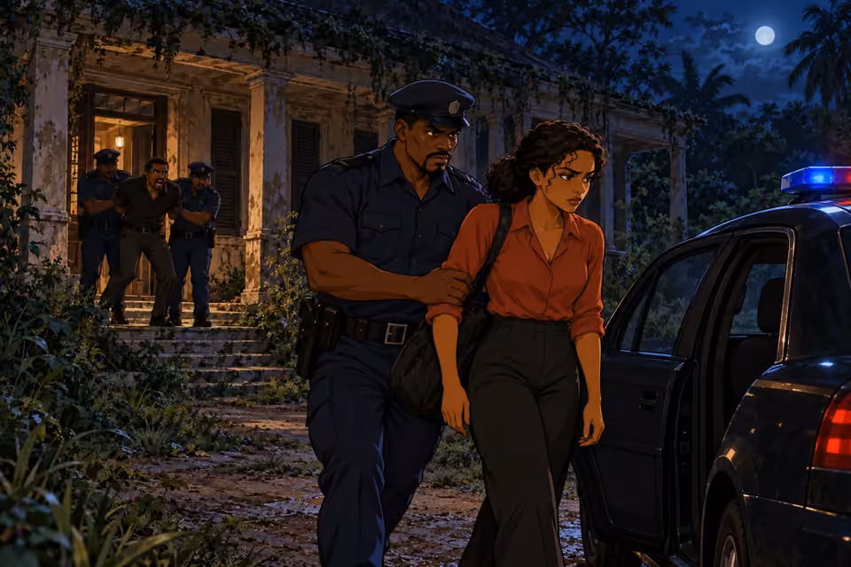 Kemi walks toward the police car while Akin shouts behind her.