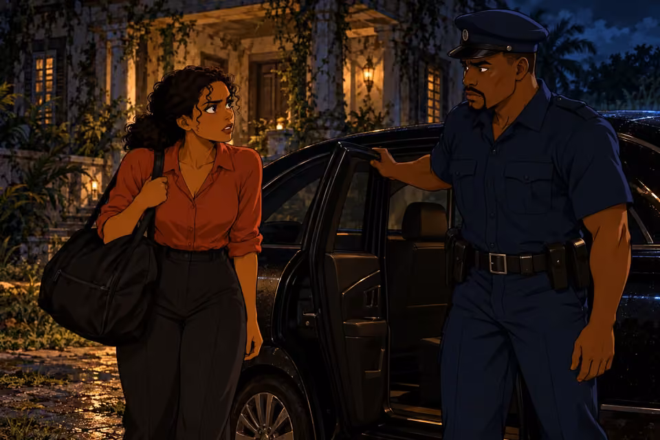 Kemi pauses at the open police-car door to ask about her daughter.