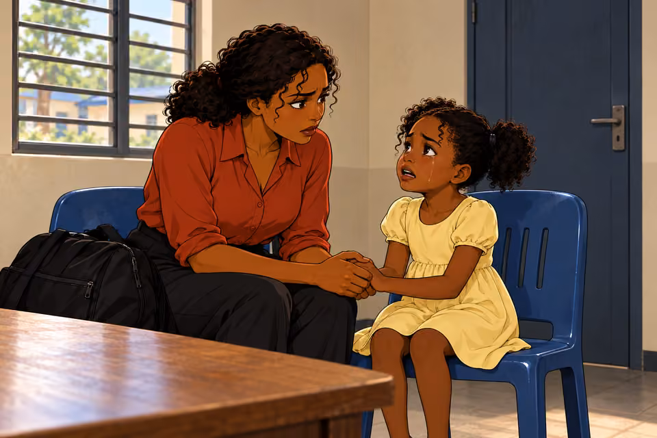 Kemi clasps her tearful daughter’s hand at the police station.