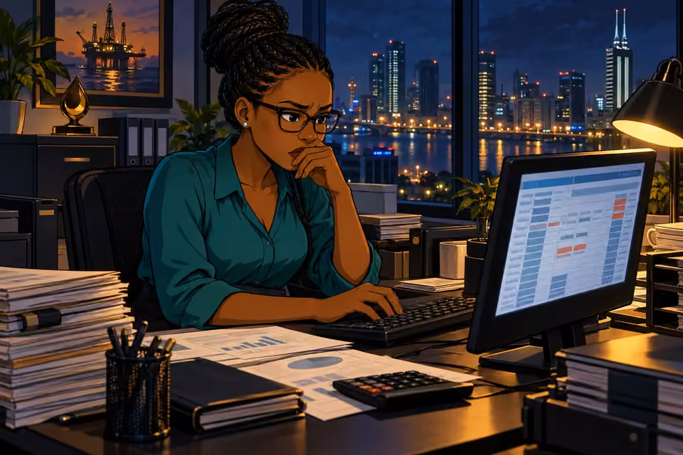 Dede studies suspicious figures on her screen in the petroleum company's accounting office.