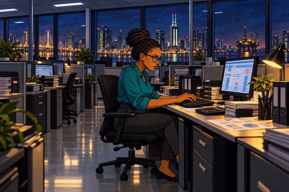 Dede works at her keyboard in the quiet accounting department.