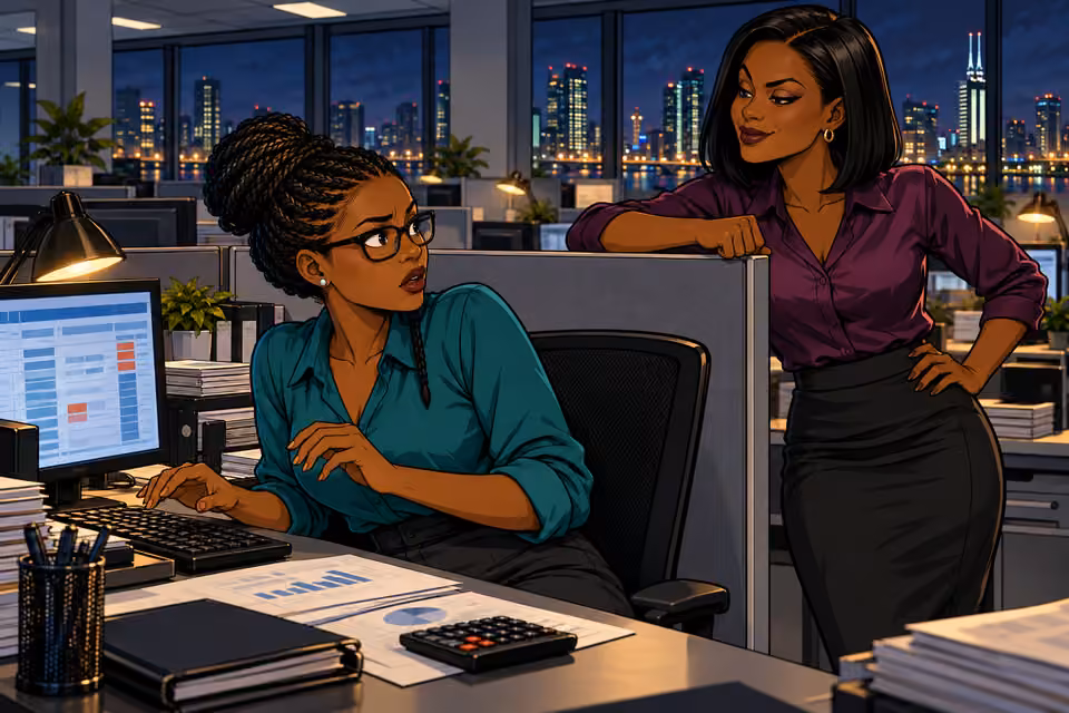 Helen startles Dede with a sharp rap on the cubicle wall.