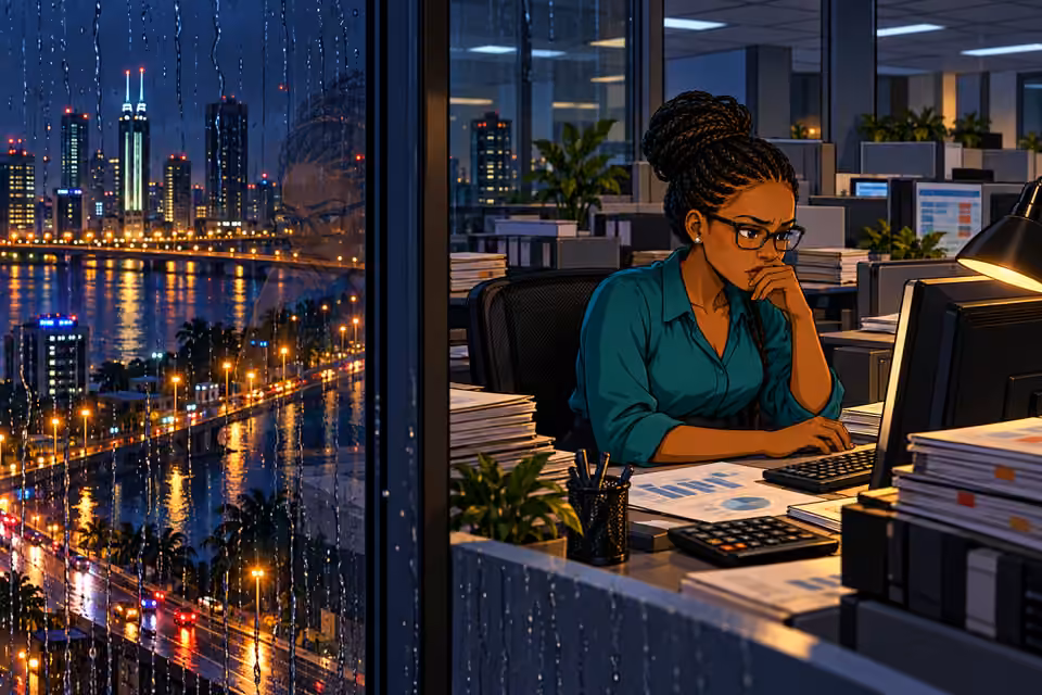 Rain streaks the office windows as Dede faces her decision.