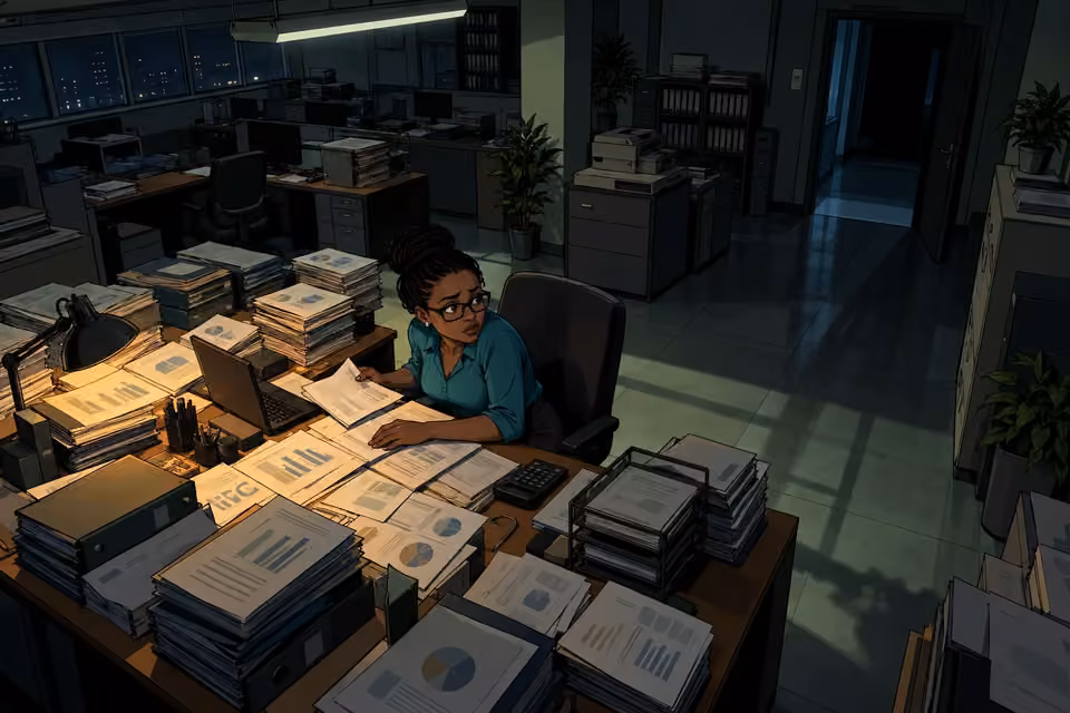 Alone beneath fluorescent lights, Dede nervously examines stacks of financial reports.