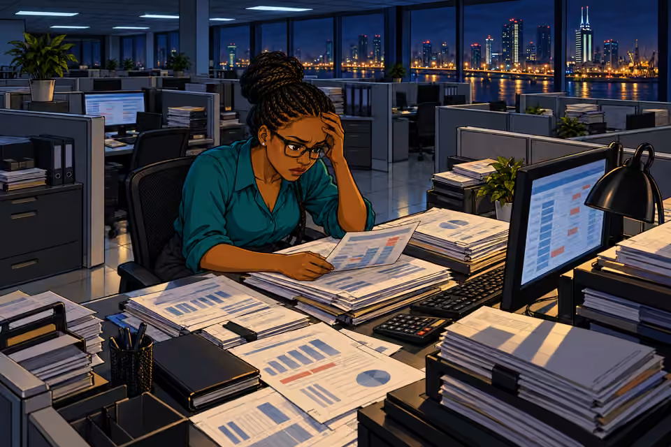 Dede studies report stacks in the deserted office.