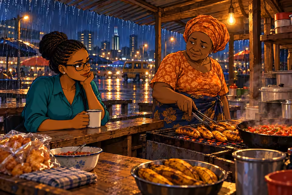 Dede finds comfort at Aunty Yemisi’s rain-sheltered stall.