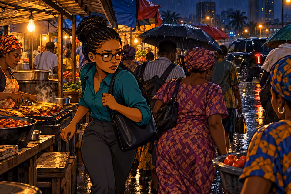 Dede spots a black SUV while moving through the crowded market.