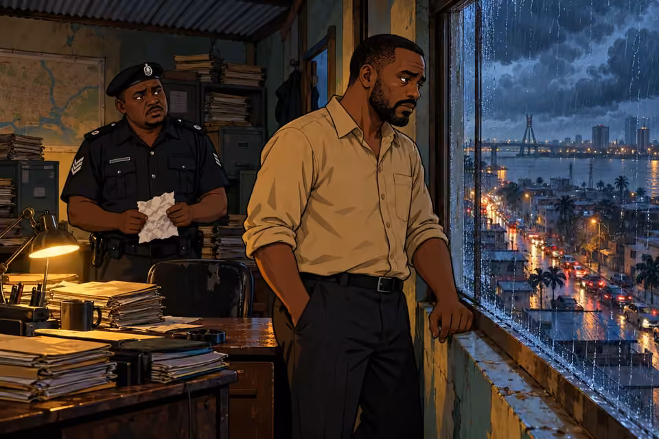 Inspector Hassan looks out over rain-lashed Lagos while Sergeant Bamidele waits with a report.