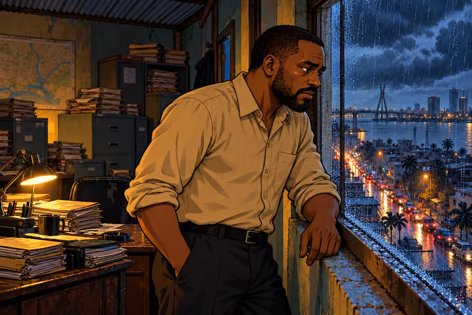 Inspector Hassan stares wearily over the storm-lashed street.