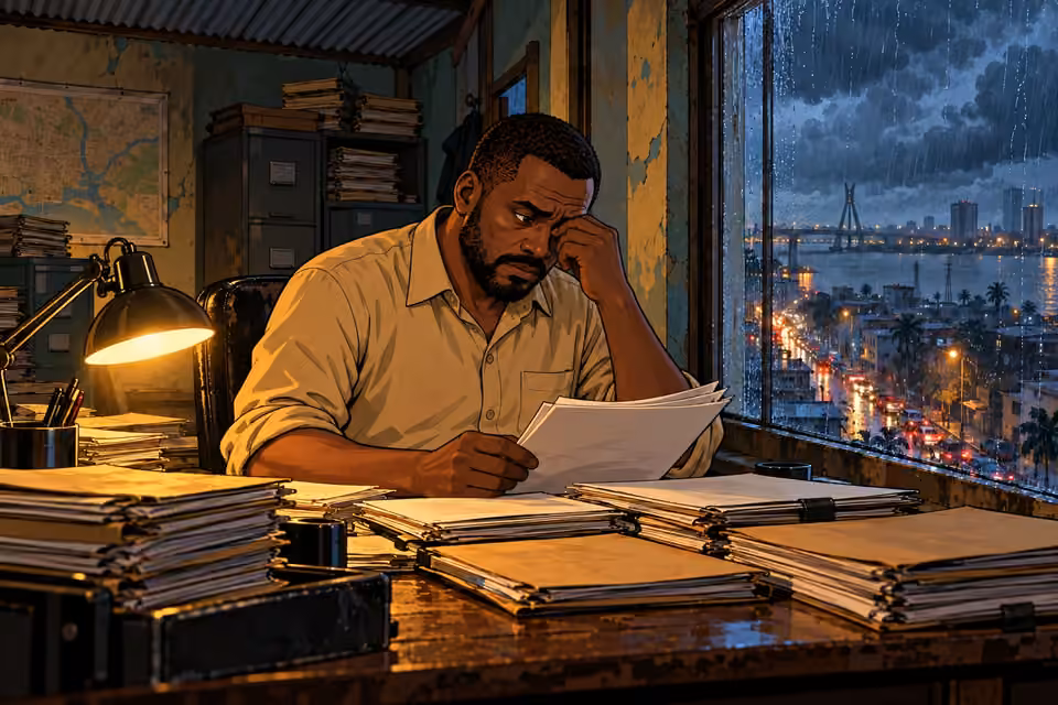 Hassan studies the detailed financial report through tired eyes.