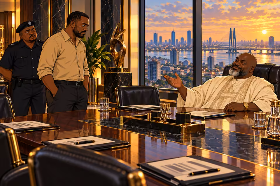 Asukwo greets Hassan and Bamidele in the opulent boardroom.