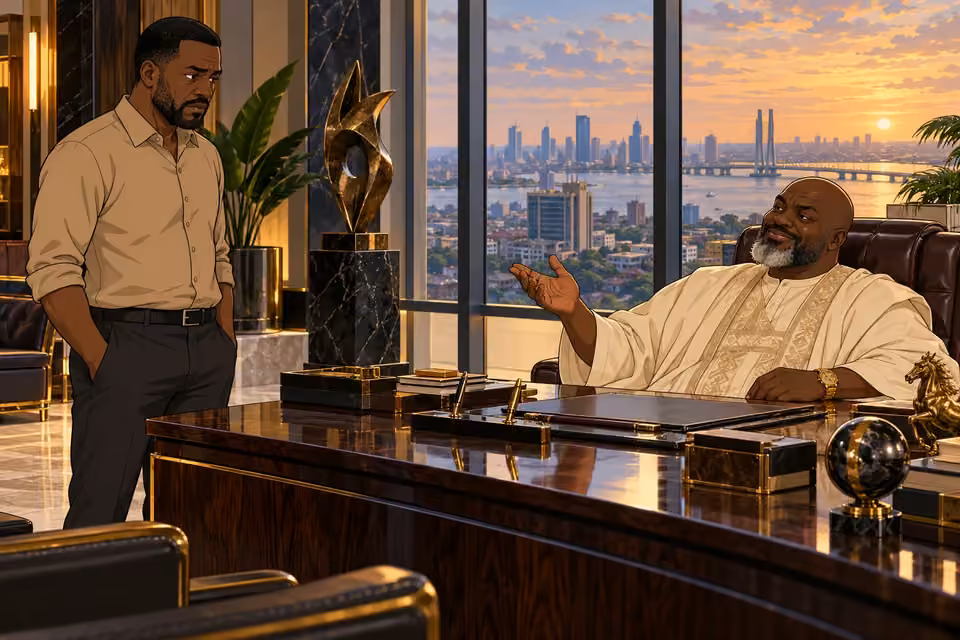 Inspector Hassan faces Chief Asukwo across his opulent office desk.
