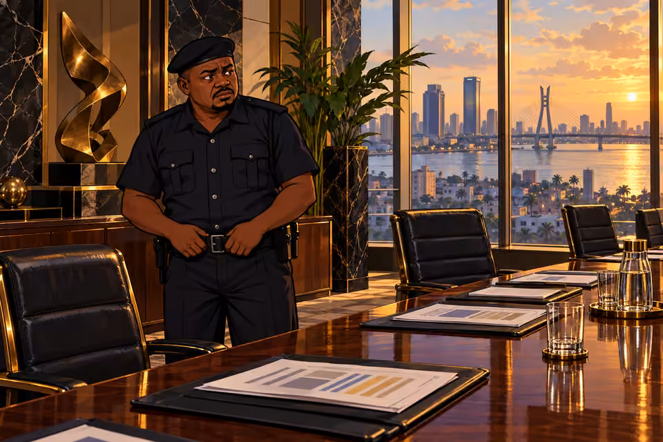 Bamidele shifts uneasily beside the boardroom chairs.