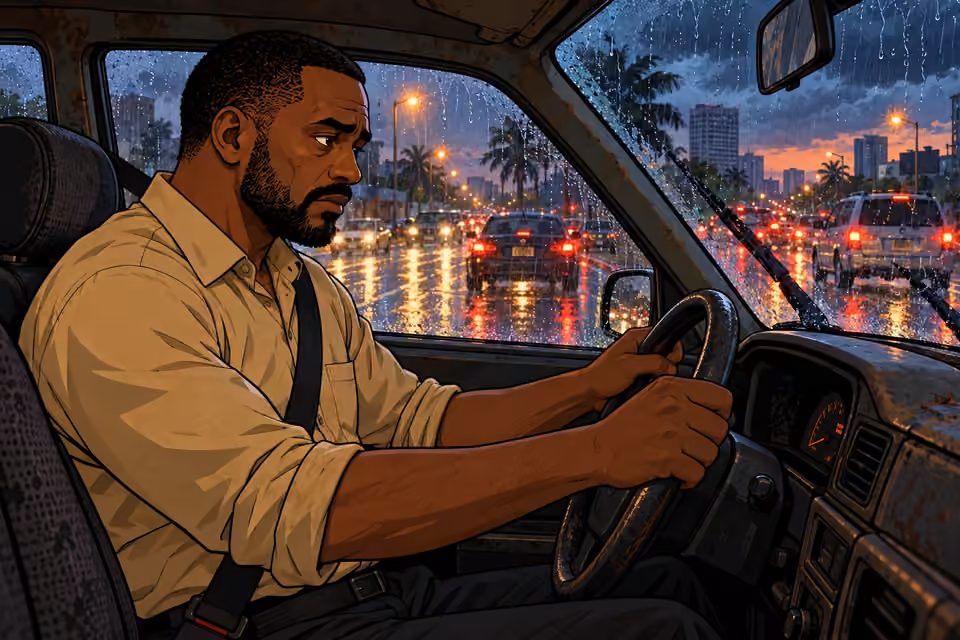 Hassan drives through rain while considering the new clues.