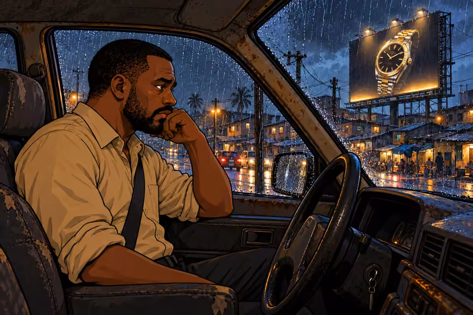 Hassan pulls over beneath a glowing luxury billboard.