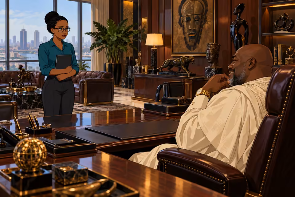 Dede stands warily in Chief Asukwo's lavish office.