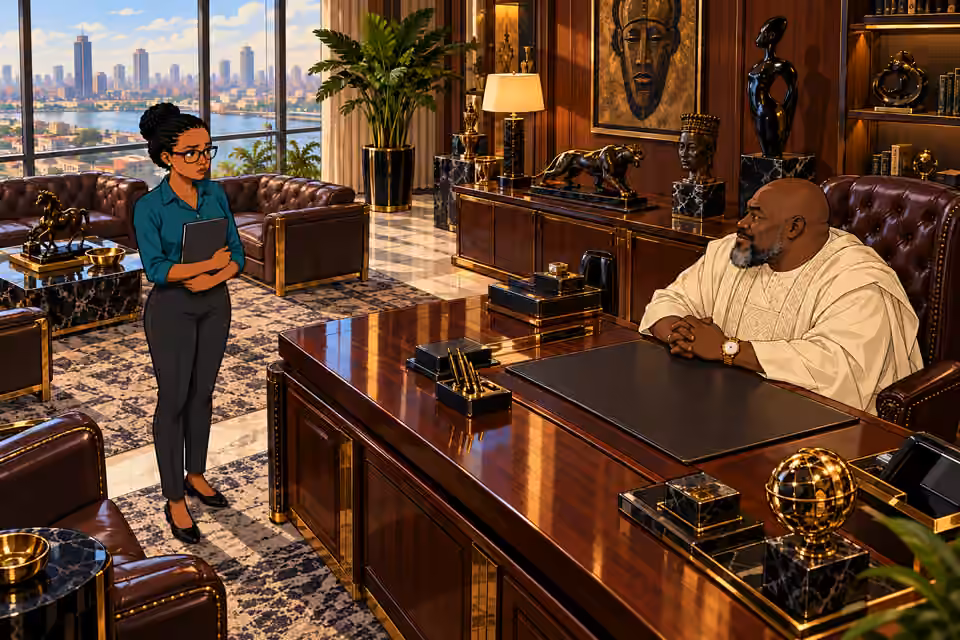 Dede enters Asukwo’s opulent office.