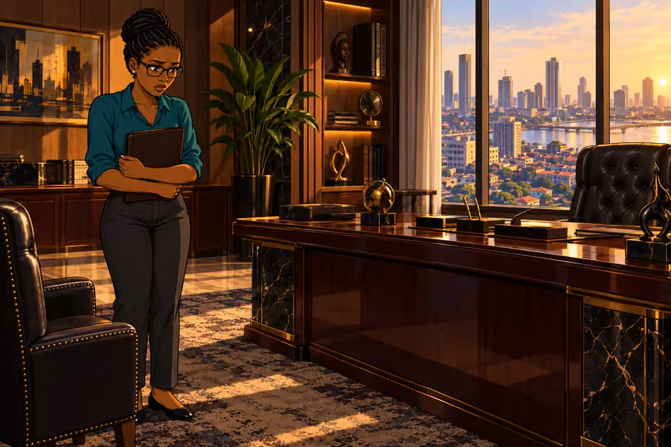 Dede stands tense in the shadowed office.