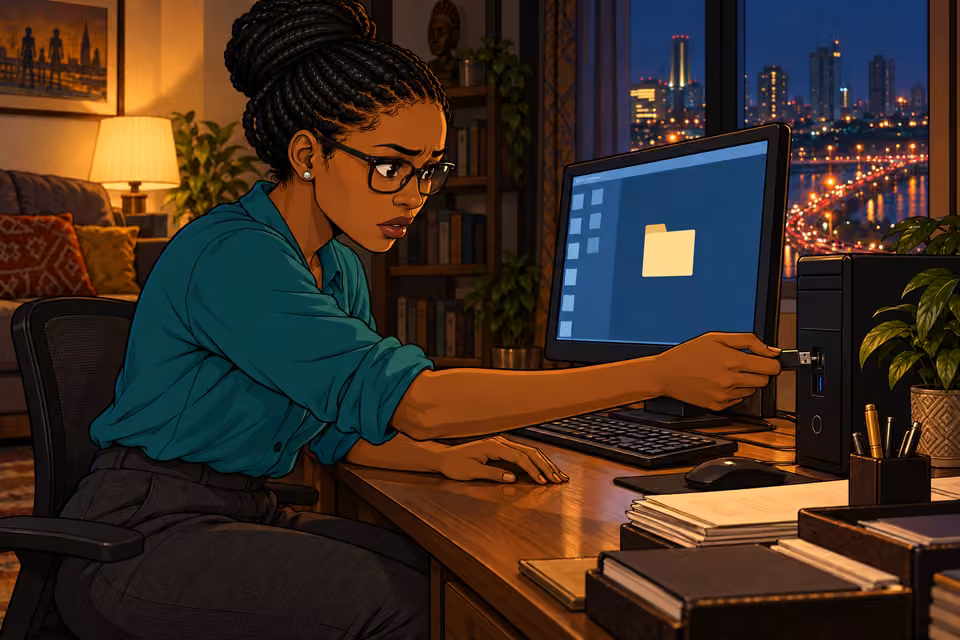 Dede inserts the USB drive into her computer.