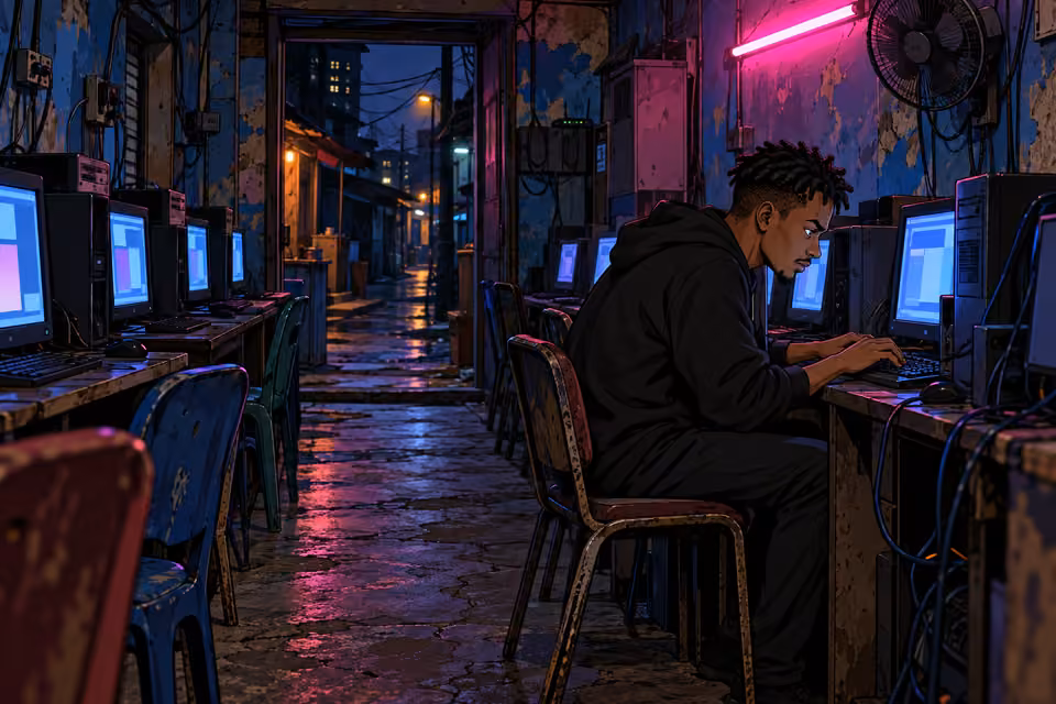Emeka waits at a computer in the dim internet café.