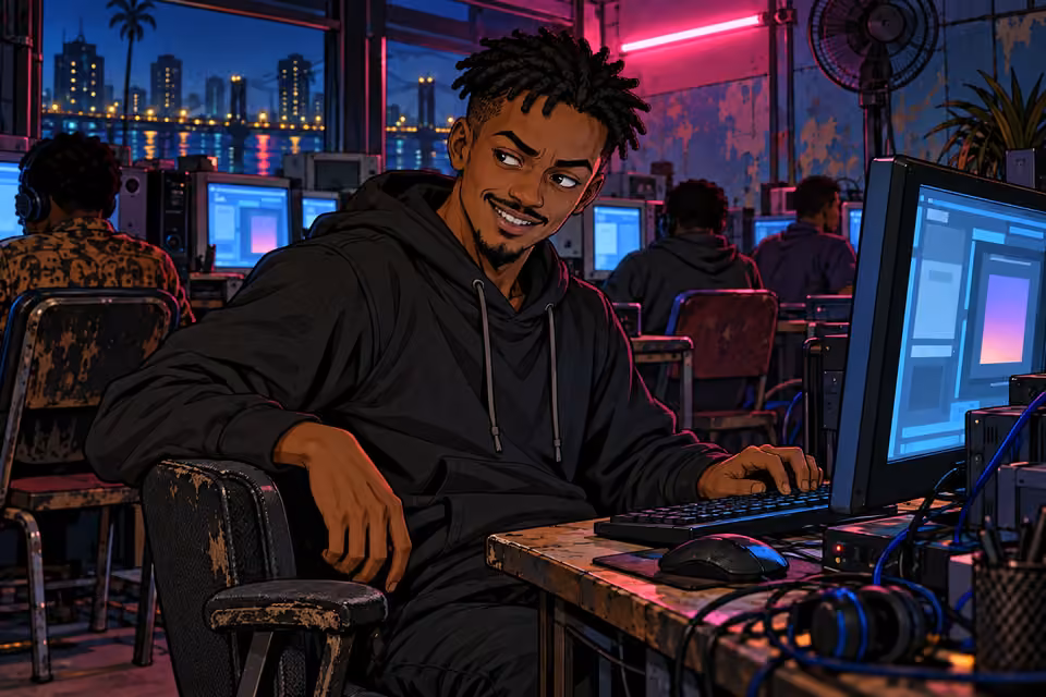 Emeka turns with an amused, uncertain grin.