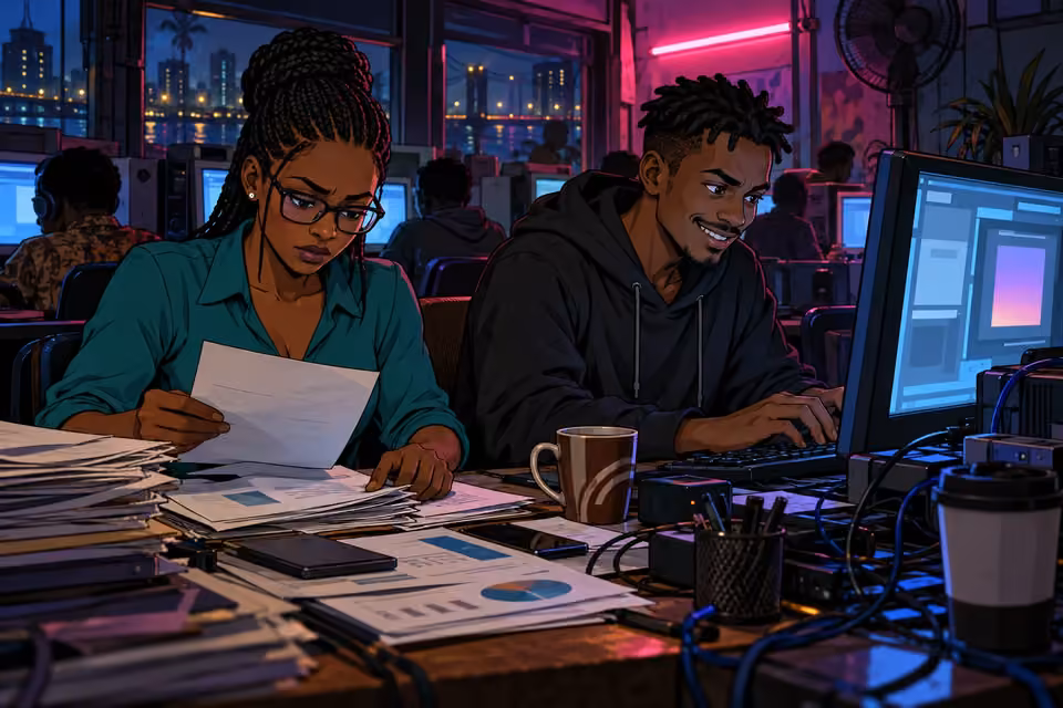 Dede and Emeka investigate the financial trail inside an internet cafe.