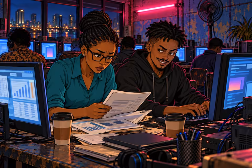 Dede and Emeka work through the night at the café.
