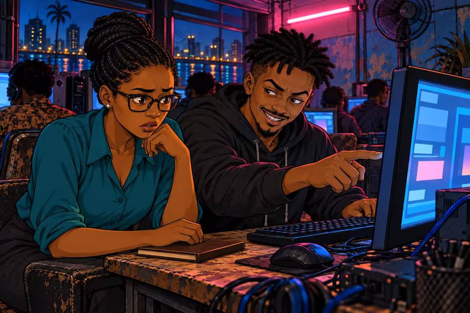 Emeka shows Dede his access while her excitement falters.