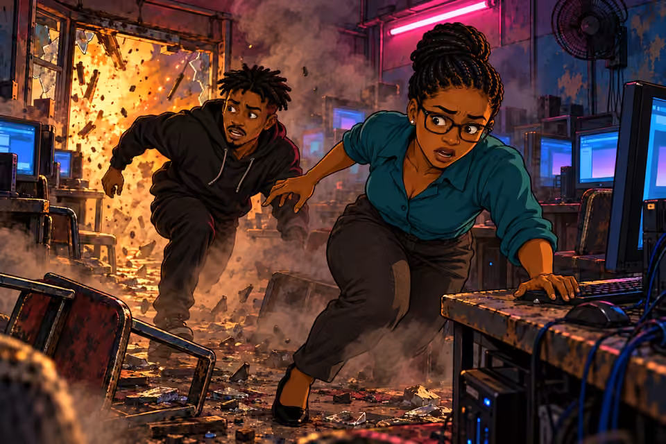 Smoke fills the café as Emeka scrambles away from the blast.