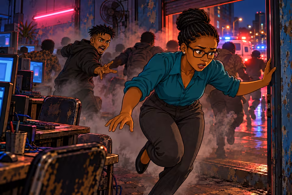 Emeka shouts as Dede stumbles toward the café exit.