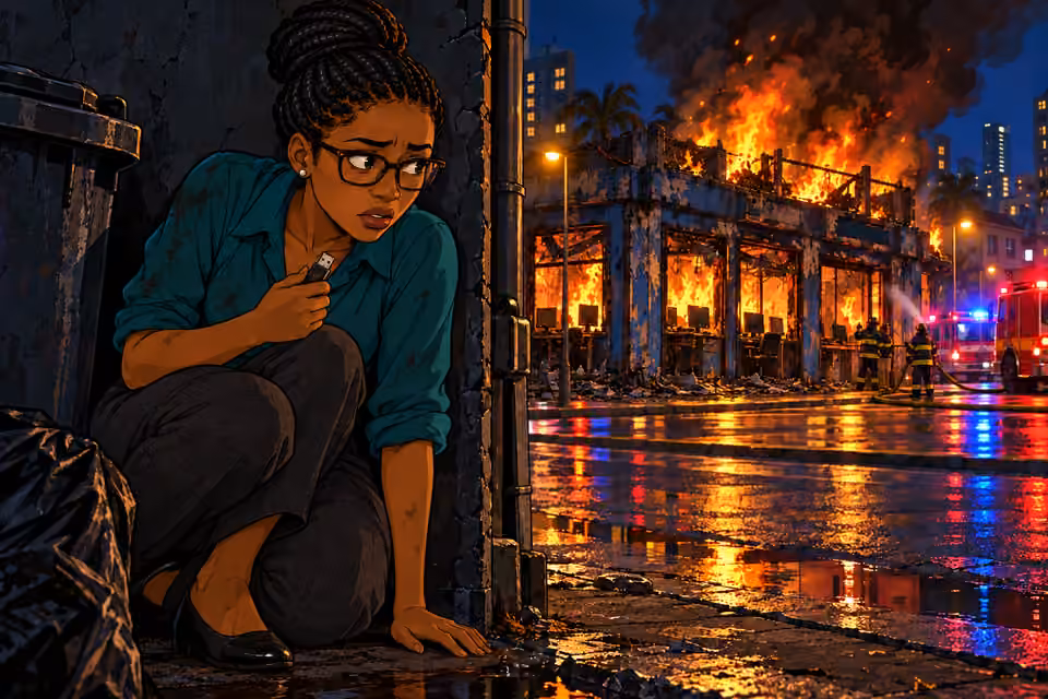Dede watches the burning café from the shadows.