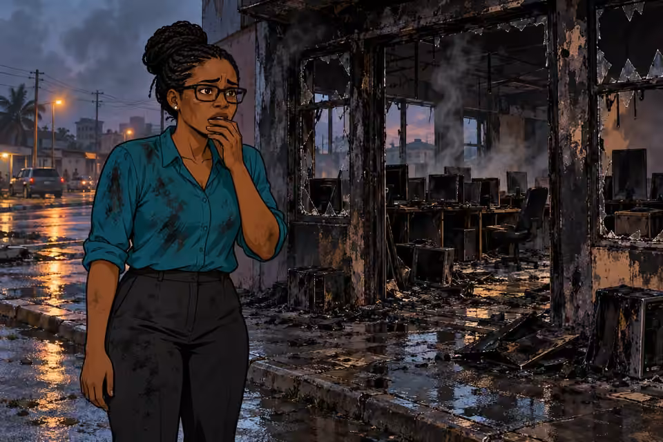 Dede stands before the smoke-stained ruins of the internet cafe.