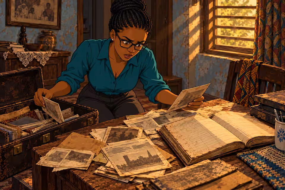 Dede studies old family records in Yinka’s house.
